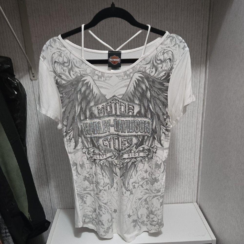 Harley-Davidson Women's Gray and White Winged Tee